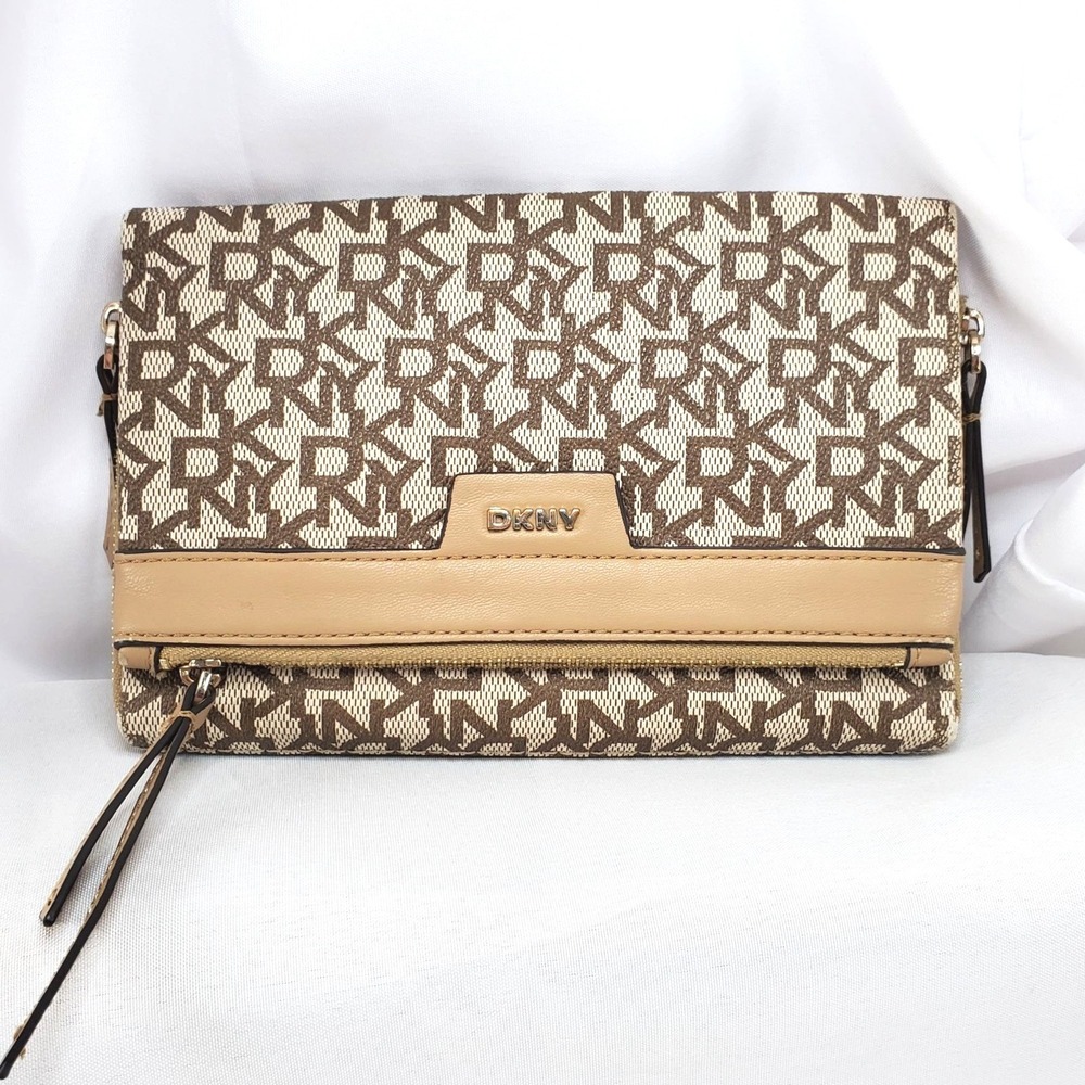 DKNY Monogram Canvas & Leather Beige/Brown Clutch With Zip Pocket